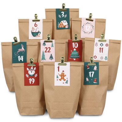 Calendario de adviento de bricolaje para llenar - 24 bolsas de regalo y 24 tarjetas de visita con números y clips de metal - burdeos verde - hágalo usted mismo - Navidad