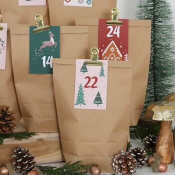Calendrier de l'avent DIY à remplir - 24 sachets cadeaux et 24 cartes de visite avec chiffres et pinces métalliques - bordeaux vert - à faire soi-même - Noël 4