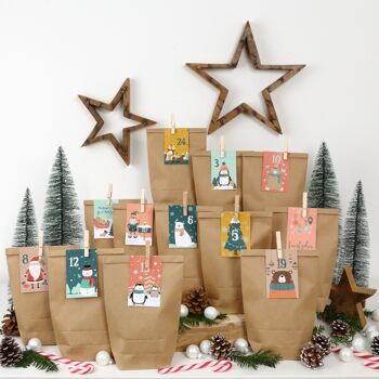 Calendrier de l'avent DIY à remplir - 24 sachets cadeaux et 24 cartes de visite avec chiffres et pinces en bois - enfants - faites-le vous-même - Noël 2