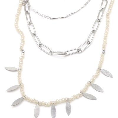 N1561-201S Collar de acero inoxidable con capas de piedras de vidrio Plata