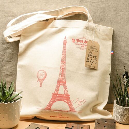 Tote Bag Tour Eiffel, Paris, coton bio épais, rouge, fabriqué en France