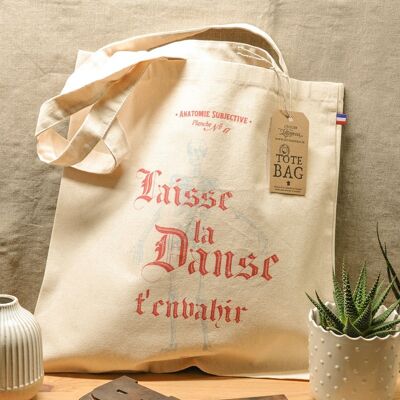 Tote Bag Let Dance invade you, thick organic cotton, skeleton, blue, red, made in France