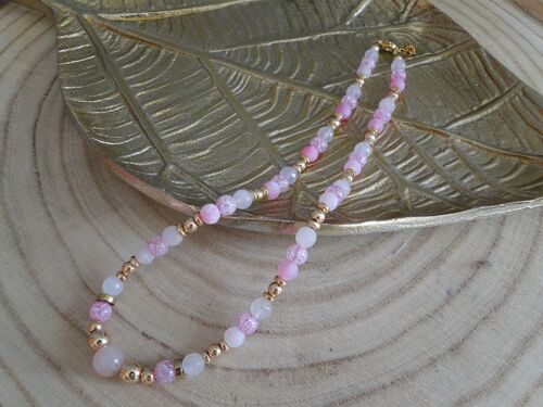 Collier ras de cou en Agate rose , en Quartz rose et Quartz craquelé