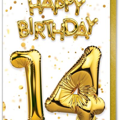 14th Birthday Card - 14 Balloon Gold/White