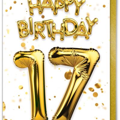 17th Birthday Card - 17 Balloon Gold/White