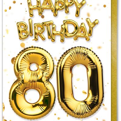 80th Birthday Card - 80 Balloon Gold