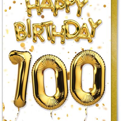 100th Birthday Card - 100 Balloon Gold