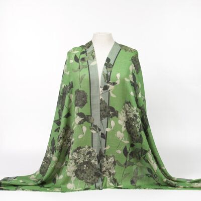 Bufandas - Bufanda de lana fina - Estampado de flores - Verde salvia