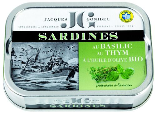 Sardines au basilic et au thym à l'huile d'olive bio