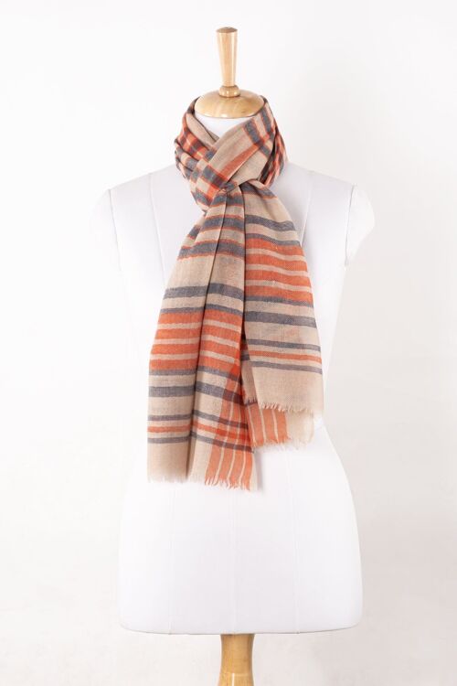 Yarn Dyed Stripes Merino Wool Scarf - Blue Orange