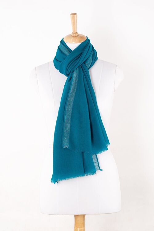 Twill Weave with Silver Lurex Border Merino Wool Scarf - Turquoise