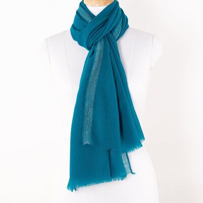 Twill Weave with Silver Lurex Border Merino Wool Scarf - Turquoise