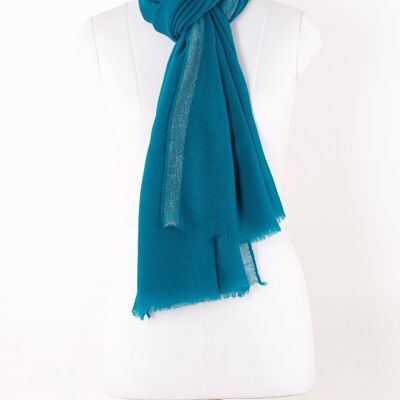 Twill Weave with Silver Lurex Border Merino Wool Scarf - Turquoise