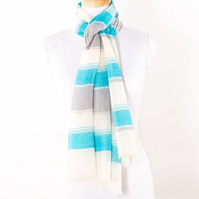 Wide Stripes Merino Wool Scarf - Turquoise White