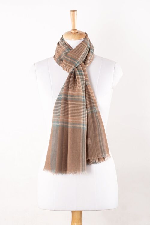 Yarn Dyed Twill Weave Stripes & Checks Merino Wool Scarf - Beige Blue