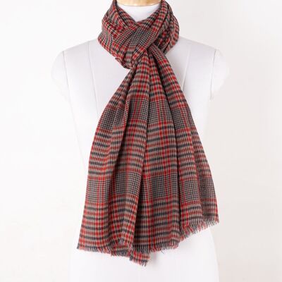 Windowpane Hounds-tooth Check Twill Weave Merino Wool Scarf - Blue Red