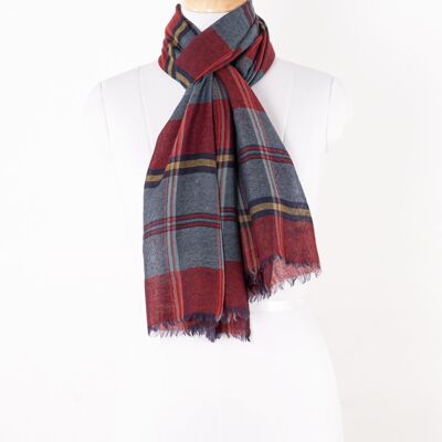 Écharpe en laine mérinos à carreaux et tissage sergé teint en fil - bleu mélange rouge