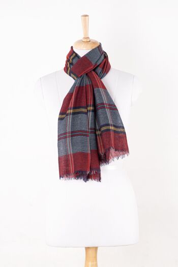 Écharpe en laine mérinos à carreaux et tissage sergé teint en fil - bleu mélange rouge 1