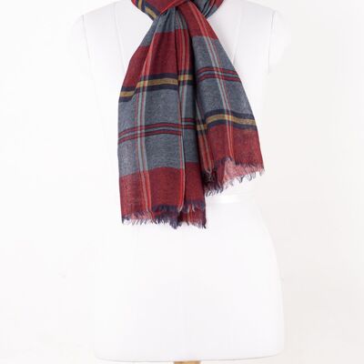Écharpe en laine mérinos à carreaux et tissage sergé teint en fil - bleu mélange rouge