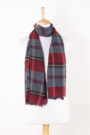 Écharpe en laine mérinos à carreaux et tissage sergé teint en fil - bleu mélange rouge 2