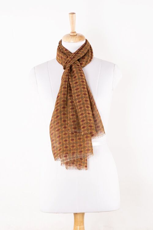 Tile Print Linen Cotton Scarf - Ochre Red