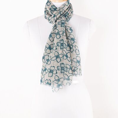 Bufanda de algodón de lino con estampado de flores - Azul