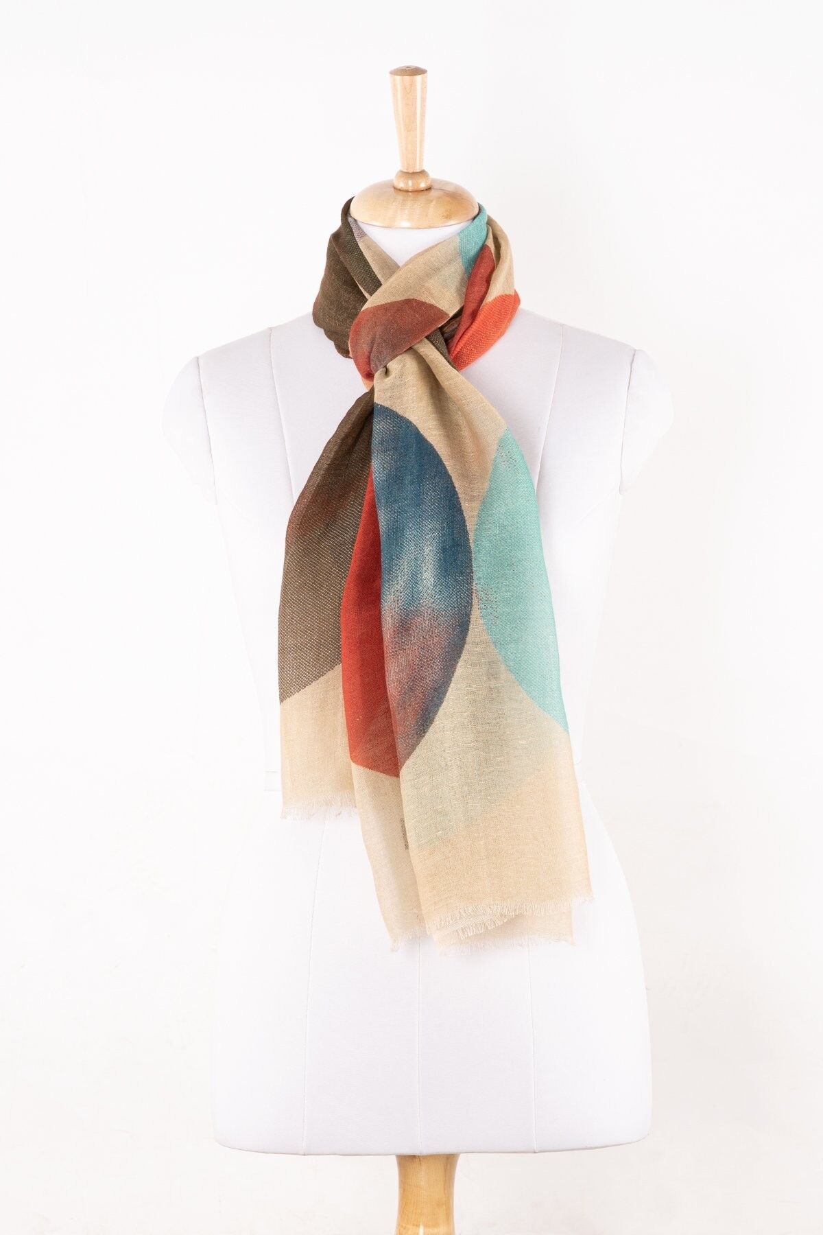 Sciarpa in lino e cotone con stampa a grandi cerchi - Multicolore Beige