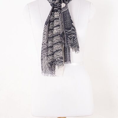 Bufanda de algodón de lino con estampado tribal - Negro
