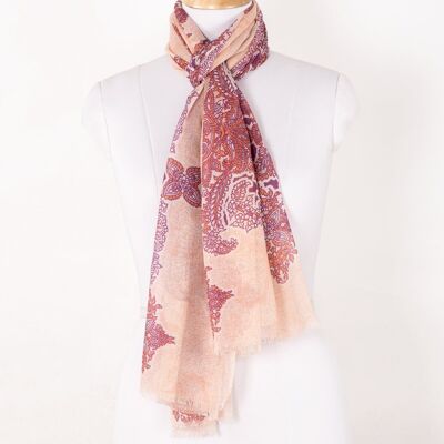 Intricate Traditional Motif Cotton Modal Scarf - Peach Orange Purple