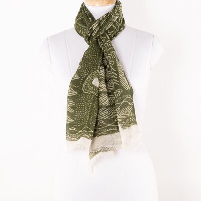 Tribal Print Linen Cotton Scarf - Leaf Green