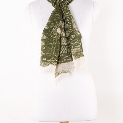 Bufanda de algodón de lino con estampado tribal - Verde Hoja