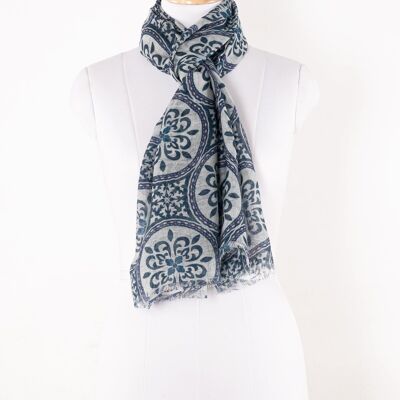 Bufanda de lino y algodón con estampado Mandala Love - Indigo