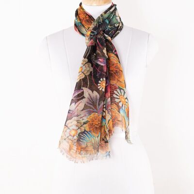 Bufanda de algodón de lino con estampado de ramo de flores - Multicolor