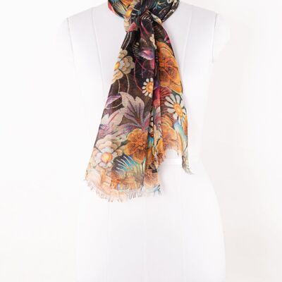 Bufanda de algodón de lino con estampado de ramo de flores - Multicolor