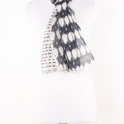 Bufanda de algodón de lino con estampado mixto Ikat and Geometry - Negro