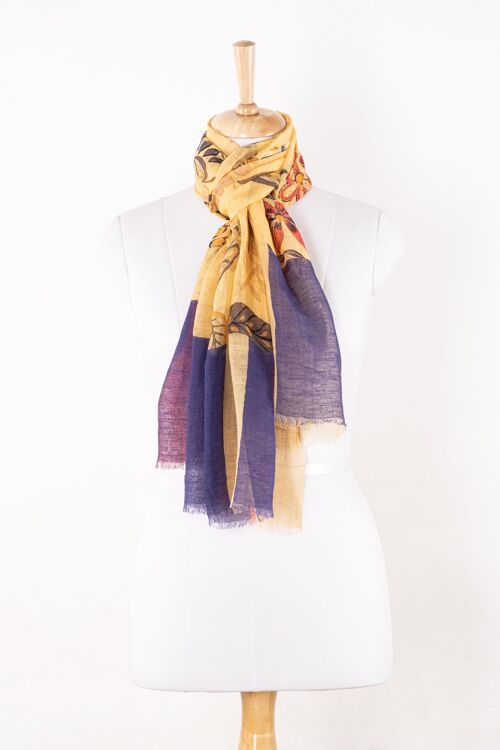 Garden Floral Print Linen Cotton Scarf - Yellow Multi