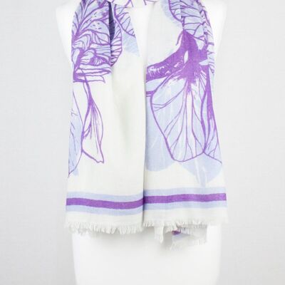 Bufanda Cynthia de lana merino con estampado floral - Off White Violet