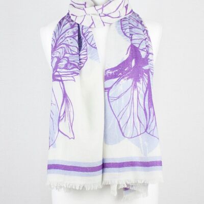 Bufanda Cynthia de lana merino con estampado floral - Off White Violet