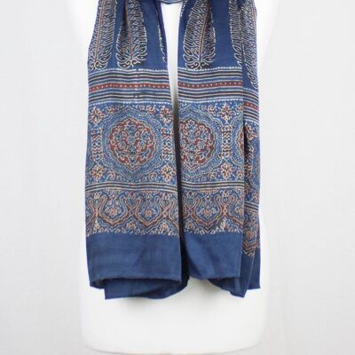 Traditioneller Schal mit geometrischem & Paisley-Ajrakh-Blockdruck - Blau Rot