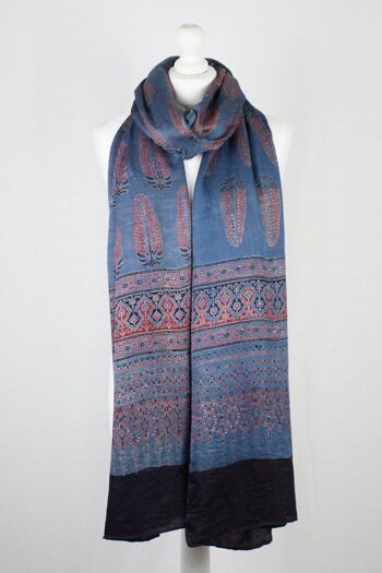 Foulard En Soie Imprimé Ajrakh Motif Arbre - Bleu Rouge 1