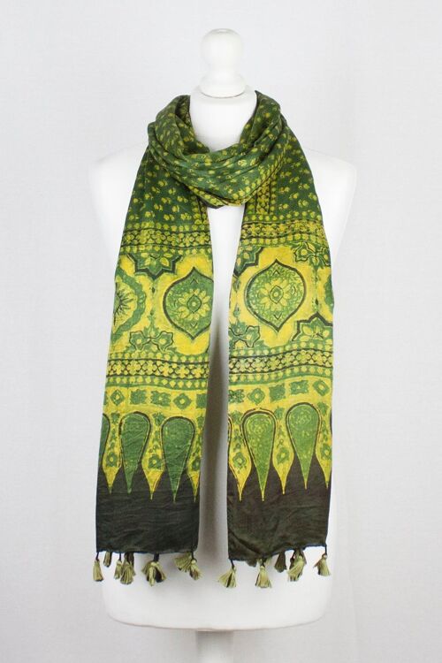 Ditsy Flower Ajrakh Block Print Silk Scarf - Green Yellow