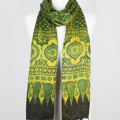 Ditsy Flower Ajrakh Block Print Silk Scarf - Green Yellow