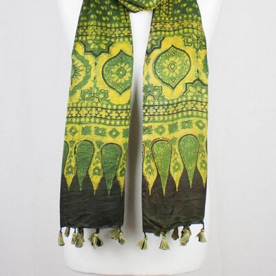 Bufanda de seda con estampado de bloque Ajrakh Ditsy Flower - Verde Amarillo