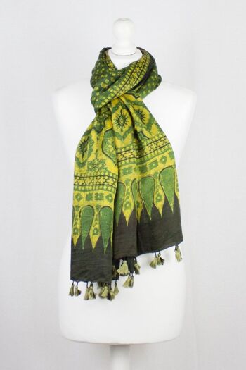 Foulard en Soie Imprimé Bloc Ajrakh Ditsy Flower - Vert Jaune 2