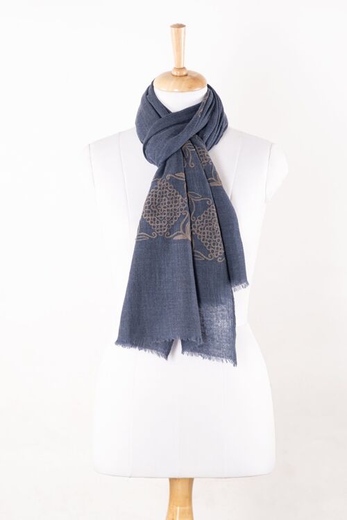 Chain Stitch Embroidered Merino Wool Scarf - Melange Blue