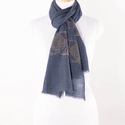 Bufanda de lana merino bordada en punto de cadena - Azul Melange