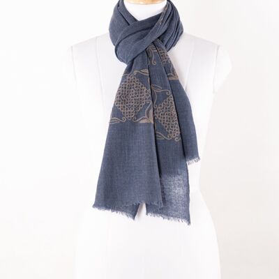 Chain Stitch Embroidered Merino Wool Scarf - Melange Blue