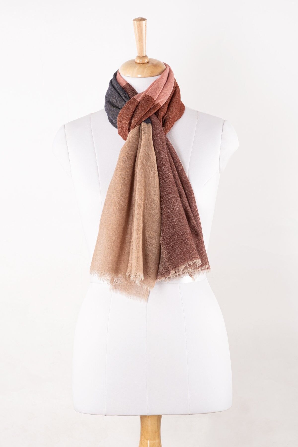 Sciarpa in lana merino a blocchi di colore in twill - Beige Rosa Rosso