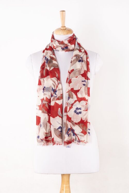 Bold Floral Merino Wool Scarf - White Red