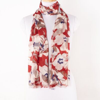 Bold Floral Merino Wool Scarf - White Red